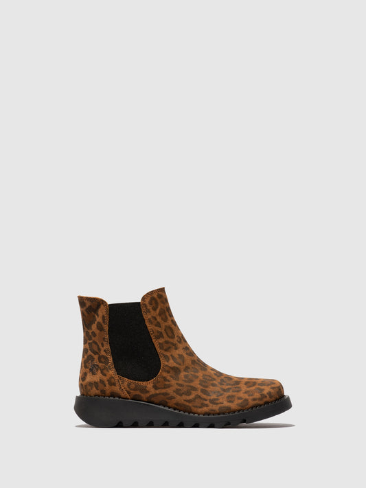 Botins em camurça com padrão leopardo FLY London SALV camel