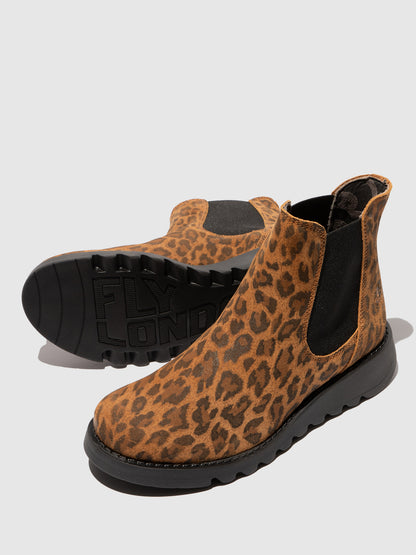 Botins em camurça com padrão leopardo FLY London SALV camel