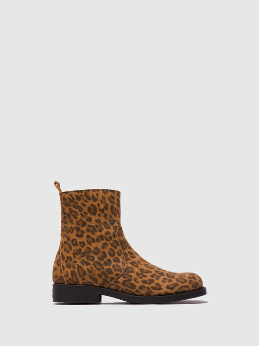 Botins em camurça com padrão leopardo FLY London JUJO camel