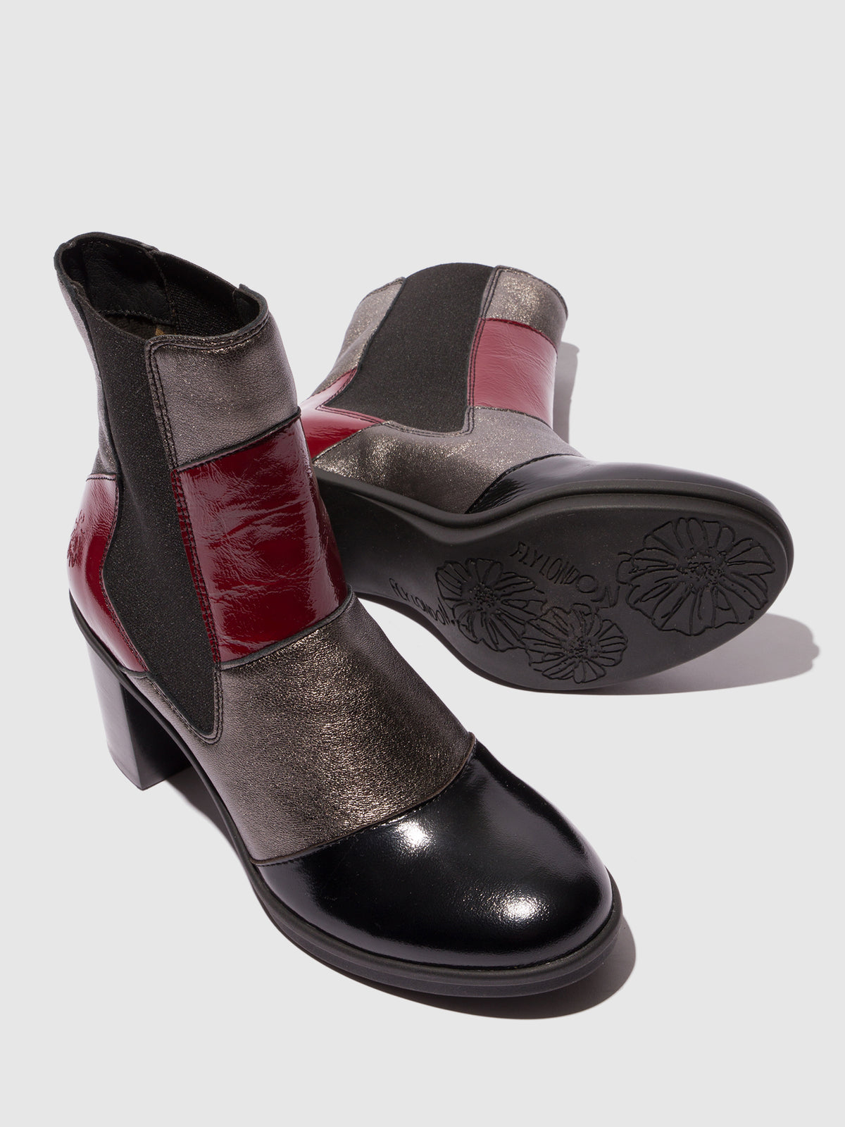 Botins em pele e tecido FLY London GULK preto/grafite/ferrugem