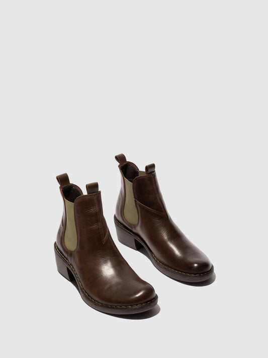 Botins Chelsea em pele FLY London MEME castanho-escuro (verde elastic)
