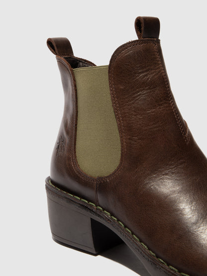 Botins Chelsea em pele FLY London MEME castanho-escuro (verde elastic)